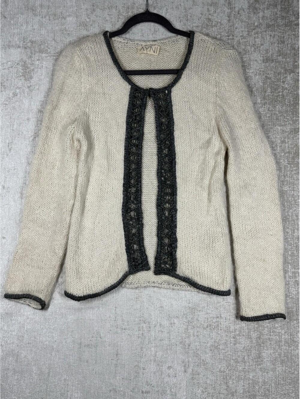AYNI Cardigan‎ Sweater Women S Cream Crochet Classic Peru Alpaca Boho SOFT